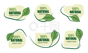 在白色上隔离的 100% 天然绿色图标的集合。天然新鲜食品和有机食品图标。自然绿色图标设置矢量图标签