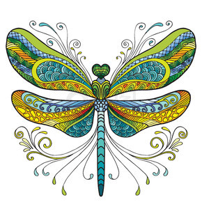 五颜六色的观赏幻想蜻蜓。孤立在白色背景上的矢量装饰抽象矢量图。成人着色、设计、印刷、装饰和纹身的库存插图。蜻蜓彩色矢量