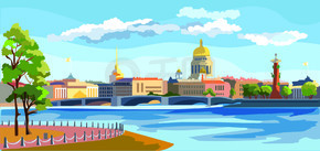 俄罗斯圣彼得堡涅瓦河河堤和桥梁的城市景观。查看 Vasilievsky 岛和 Rostral 柱的唾液。炫彩矢量图。