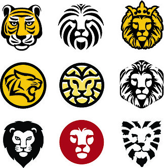 最佳狮子头标志矢量集，老虎矢量概念插图。狮子头标志。野生狮子头图解。王尔德猫标志。狮子标志的<i>骄</i>傲。设计元素。