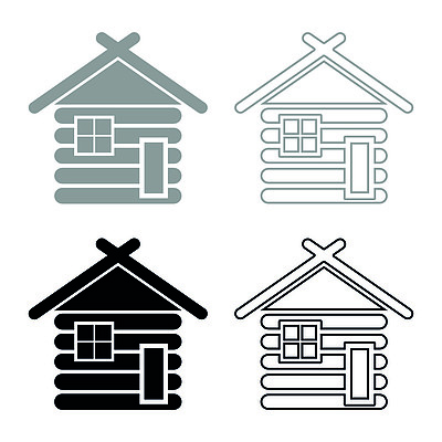 木屋谷仓与木模块化原木小屋木屋模块化住宅图标集灰色黑色矢量插图