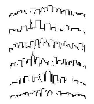 线性城<i>市</i>景观或城<i>市</i>天际线。线性城<i>市</i>景观或城<i>市</i>天际线矢量图。城<i>市</i><i>建</i>筑线条轮廓在白色背景下被隔离