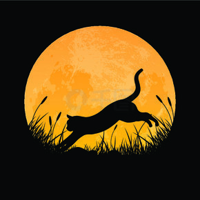 满月背景的猫跳过草地的剪影，矢量图解