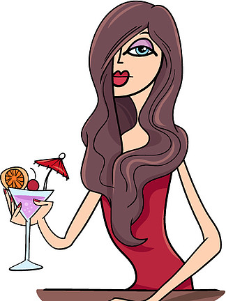 美丽性感的女人穿着红色连衣裙在酒吧里喝酒的卡通插图