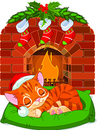 可爱的小猫，带着圣诞老人的帽子睡在壁炉旁