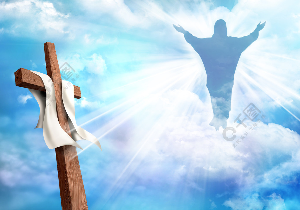 复活基督教十字架与复活的耶稣基督和云彩天空背景死后的生活