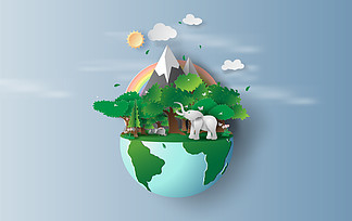 绿树森林中大象的插图，创意折纸设计世界环境和地球日概念理念。彩虹柔和的绿色自然植物中的景观野生动物。剪纸，<i>工</i><i>艺</i>。矢量