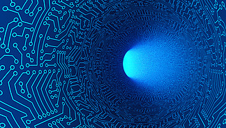 在高速公路的蓝色隧道与电路板样式纹理。数字计算机技术概<i>念</i>的高科技背景，走向光明。 3d 抽象插图