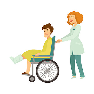 护士帮助坐在轮椅上的<i>病</i><i>人</i>断腿。创伤科医生助理帮助患有足部创伤的患者制作医疗创伤卡通扁平<i>人</i>物。护士帮助<i>病</i><i>人</i>坐在轮椅矢量卡通<i>人</i>物
