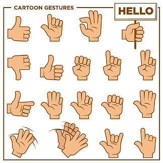 在白色背景上设置的人手孤立矢量插图显示的卡通手势。手掌在手指的帮助下显示符号来表达情绪、打招呼或告诉简短的信息。人手插图集显示的卡通手势