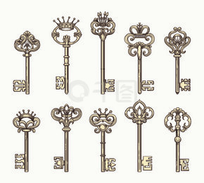 矢量古董钥匙图标集。矢量古色古香或旧门的古钥匙