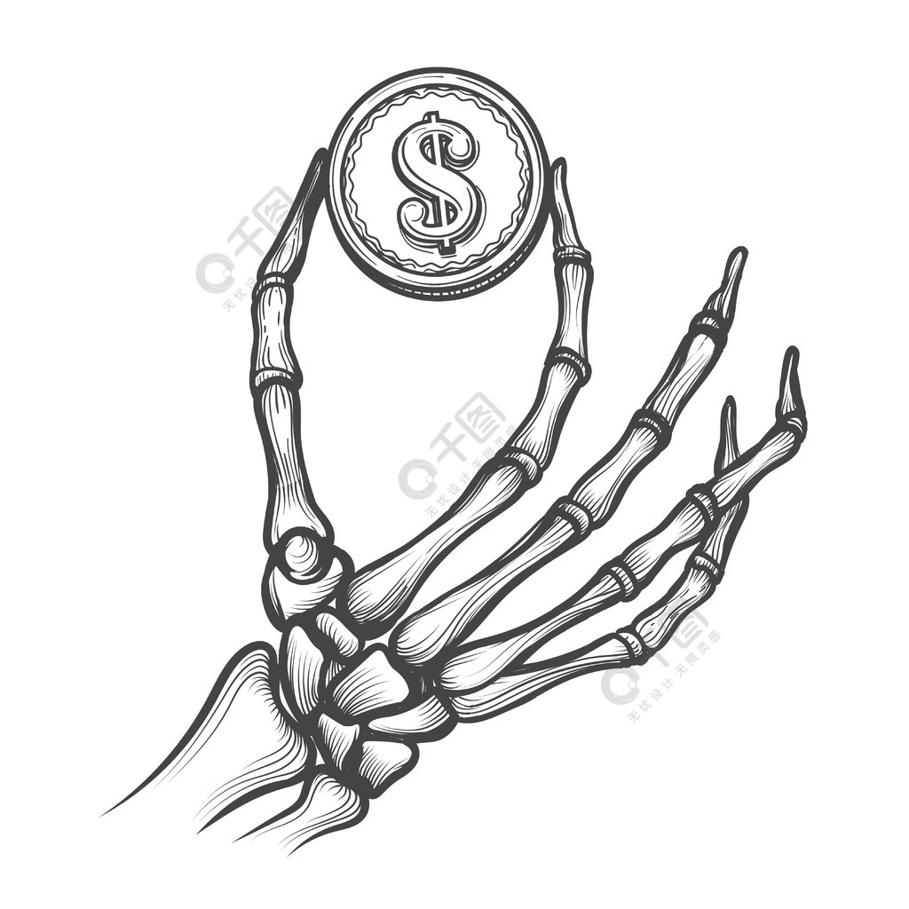 有美元硬币的骷髅手骷髅手与硬币手绘矢量图拿着美元的骨头