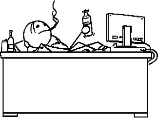 卡通棒画概念插图商人、经理或程序员坐在办公桌后面，腿放在桌子上，抽着烟，从瓶子里喝酒。工作中懈怠的概念。商人、经理或程序员的卡通片，腿坐在桌子上，喝酒抽烟