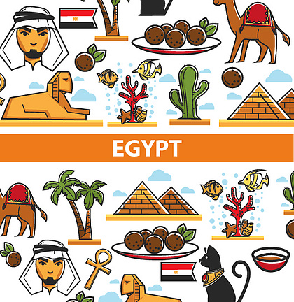 埃及国旗,开罗金字塔,阿拉伯人和骆驼或法老图坦卡蒙和沙漠棕榈树中的