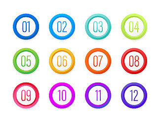 数字项目符号点彩色标记 1 到 12。矢量库存插图。数字项目符号点彩色标记 1 到 12。矢量库存插图。