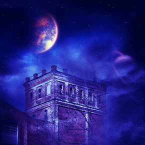 老砖城堡塔夜景与幻想星空雾和行星背景。