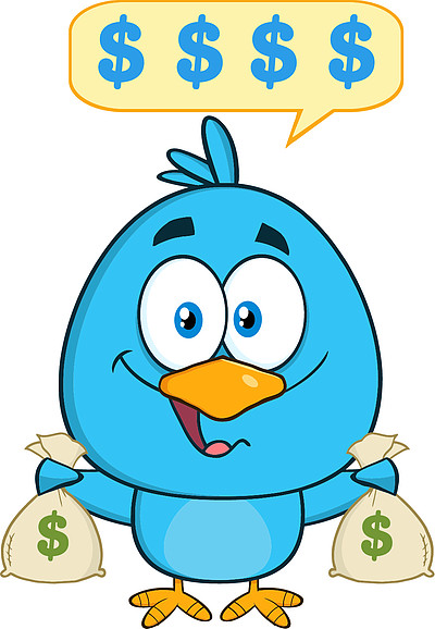 快乐的蓝鸟卡通人物拿着一袋钱与讲话泡泡