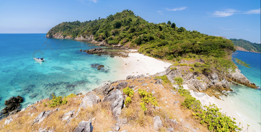 熱帶白色沙灘和浮潛點全景鳥瞰圖在科伯恩島安達曼海印度洋緬甸和泰國