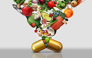 维生素膳食补充剂作为胶囊，在营养丸中含有水果蔬菜坚果和<i>豆</i><i>类</i>，作为天然药物健康治疗，带有 3D 插图元素。