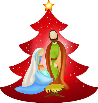 红色背景中玛丽怀里抱着<i>约</i><i>瑟</i>夫和小耶稣的矢量圣诞树诞生场景