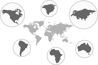 世界地图及其各个<i>部</i>分。灰色政治世界地图插图