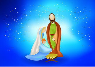 与圣洁家庭的圣诞诞生场景 — 蓝色背景中的<i>约</i><i>瑟</i>夫玛丽婴儿耶稣