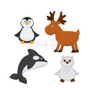 极地动物和北极鱼卡通人物。矢量有趣的极地白猫头鹰、驯鹿或逆戟鲸虎鲸和企鹅为动物园儿童设计的孤立图标。企鹅、驯鹿、鲸鱼和猫头鹰的极地动物和鱼卡通矢量图标
