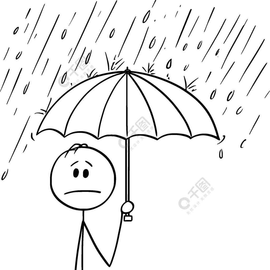 矢量卡通棒图绘制人或商人站在雨中或风暴中并手持雨