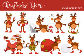 新年贺卡设计模板的圣诞鹿和圣诞老人卡通人物图标。矢量孤立的驯鹿戴着帽子，带着礼品袋唱歌，在智能手机照片或电脑上微笑。新年贺卡设计模板的圣诞鹿和圣诞老人卡通人物图标。
