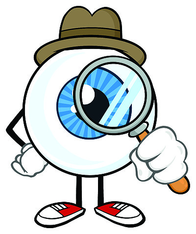 眼球侦探卡通吉祥物形象用放大镜看在白色背景上隔离的矢量图