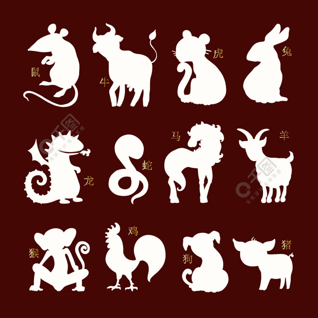 矢量星座动物中国的生肖十二生肖集手绘插图卡通风格矢量星座动物