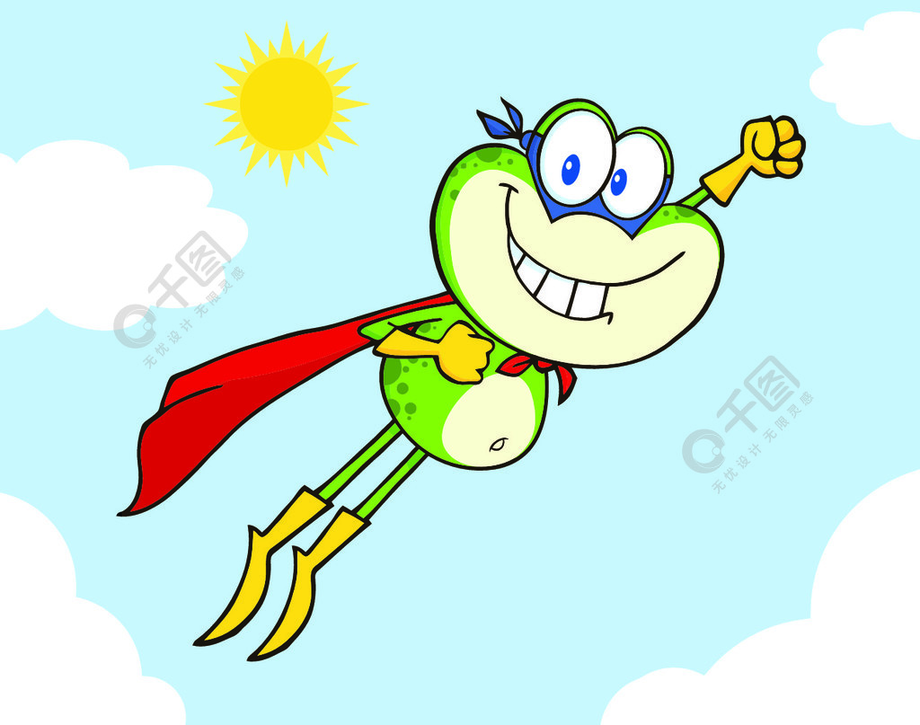在天空中飞翔的青蛙超级英雄卡通人物