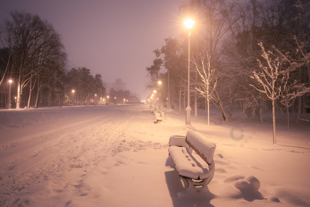 夜间冬季降雪景观城市照明公园雪巷