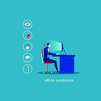 商人坐在椅子办公室综合症信息图表（高血压、青光眼、扳机指、偏头痛、腰痛、胆结石、膀胱炎、压力、失眠、消化性溃疡