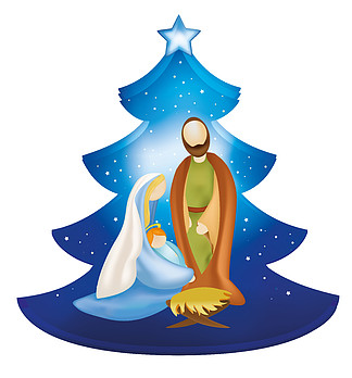 孤立的圣诞树诞生场景，<i>约</i><i>瑟</i>夫和小耶稣在玛丽的怀里