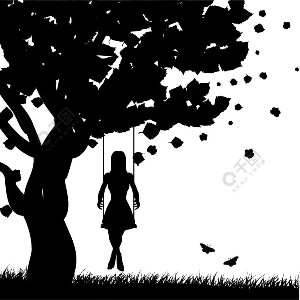 树下的女孩背影简笔画图片