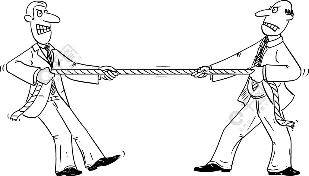 两个商人或商业竞争对手用绳子玩拔河的矢量漫画.