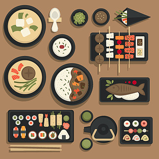 日本食品传统菜肴图标集寿司卷、带<i>鱼</i>或味噌拉面的便当和乌冬面汤。日本餐厅菜单的矢量海鲜天妇罗和米饭用筷子和茶饮料。日本传统美食餐厅菜单的日本食品和寿司便当矢量图标