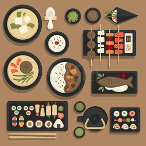 日本食品传统菜肴图标集寿司卷、带鱼或味噌拉面的便当和乌冬面汤。日本餐厅菜单的矢量海鲜天妇罗和米饭用筷子和茶饮料。日本传统美食餐厅菜单的日本食品和寿司便当矢量图标