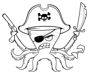 黑色和白色愤怒的海盗章鱼卡通吉祥物人物与一把剑枪和钩子