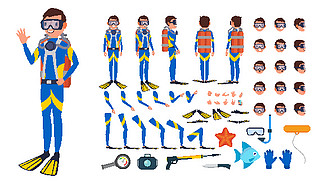 潜水员人向量。动画角色创作集。在水下。潜水员。浮潜潜水。全长、前<i>视</i>图、侧<i>视</i>图、后<i>视</i>图、姿势、面部表情、手势。孤立的平面卡通插图。潜水员人向量。动画角色创作集。在水下。潜水员。浮潜潜水。全长、前、侧、后