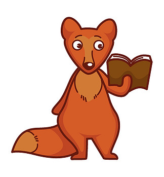 有姜毛和粗尾巴的好奇狐狸看书。幼稚的动物角色通过教科书在白色背景上的精装孤立卡通平面矢量图中参<i>与</i>教育。好奇的狐狸长着姜毛和 rhick 尾巴读书