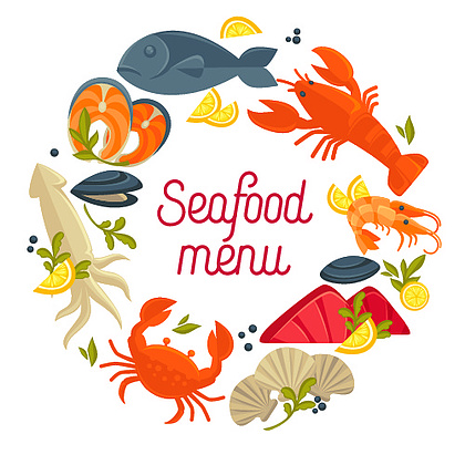 海鲜龙虾蟹,虾虾或鱼和牡蛎,鲑鱼排和章鱼的矢量图案背景