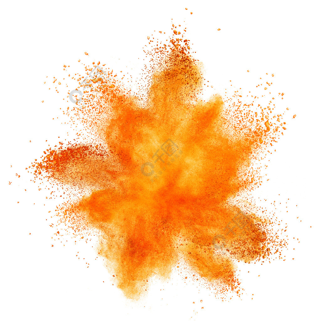 孤立在白色背景上的橙色粉末爆炸