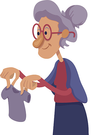祖母拿着儿童服装平面卡通矢量图开朗的奶奶高级女人