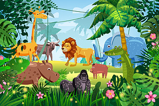 可爱的动物在丛林热带雨林背景景观。狮子、长颈鹿、大猩猩、河马、大象、水牛、鳄<i>鱼</i>疣猪。可爱的动物在丛林热带雨林背景景观。狮子、长颈鹿、大猩猩、河马、大象、水牛、鳄<i>鱼</i>、疣猪。棕榈树异国情调的植物花卉。矢量