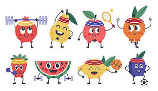 水果健身人物。涂鸦水果吉祥物做运动、有趣的苹果、柠檬锻<i>炼</i>、健康锻<i>炼</i>和冥想孤立的矢量图标集。水果食品，梨和柠檬，菠萝成熟。水果健身人物。涂鸦水果吉祥物做运动、有趣的苹果、柠檬锻<i>炼</i>、健康锻<i>炼</i>和冥想孤立的矢