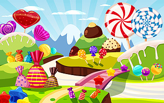 <i>甜</i><i>蜜</i>的糖果世界童话景观，全景。糖果，糖果焦糖。<i>甜</i><i>蜜</i>的糖果世界童话景观，全景。糖果，糖果，焦糖。卡通游戏背景。矢量插图、用于印刷的卡通风格、创建视频或网页图形设计、游戏用户界面、卡片、海报