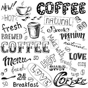 矢量图手绘咖啡去、杯子、杯子、豆子和刻字类型。黑和白。矢量图手绘咖啡去，杯子，杯子，豆子