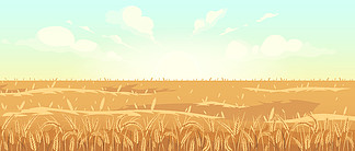 金色麦田平面彩色矢量图。收获季节 2D 卡通景观。日出在农村。黎明时分的农业区。草甸的早晨视图与谷类植物的。金色麦田平面彩色矢量图解
